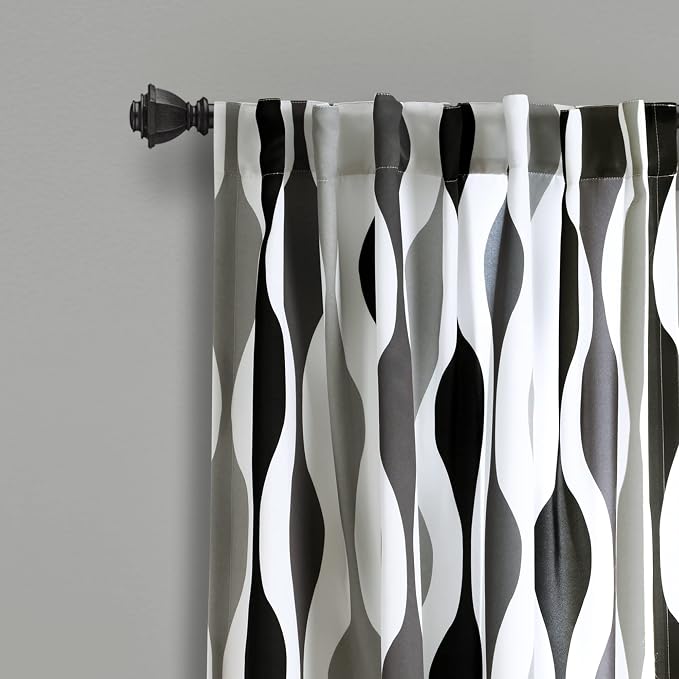 Lush Decor Mid Century Geo Room Darkening Window Curtain Panels Pair 52" W x 108" L Black & Gray - Retro Curtains for Living Room - Vintage Drapes
