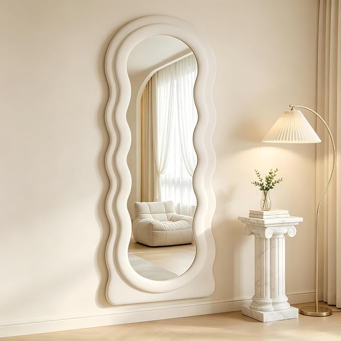Dewfig Full Length Mirror, 63" x 24"Irregular Wavy Mirror, Large Floor Length Mirrors Wall Mounted, Standing Wavy Mirrors with Flannel Wrapped Wooden Frame for Bedroom/Living Room, White