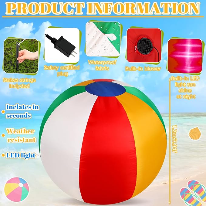 VIHOSE Summer Inflatable Beach Ball Outdoor Decoration 4 ft Summer Blow up Inflatable Pre-lit LED Lights Beach Party Decor for Outdoor Yard Garden Tropical Pool Decor Party Supplies