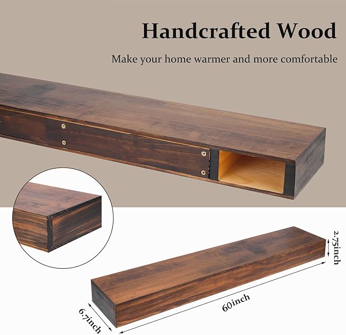 AZSKY Deep Walnut Fireplace Mantel Shelf Wall Mounted, Handcrafted 60 Inch Floating Mantel Shelf for Over Fireplace, Long Hollow Solid Wood Shelf with Invisible Bracket for Living Room Under TV Decor