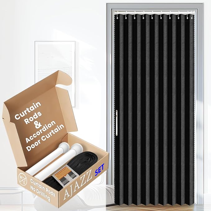 AJAZZ Set: Curtain Rods No Drilling (38-53" W Adjustable Range) & Accordion Door Curtain, Black 53W×78" L, Accordion Doors for Closet Doorway Room Divider