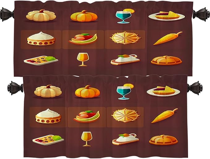 Shrahala Happy Thanksgiving Day Blackout Short Curtains for Windows, Pumpkin Turkey Bird Leaves Kitchen Valance Thermal Insulated Rod Pocket Window Treatment for Bathroom 2 Pack 52 X 16 in