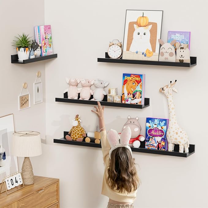 Heimlove Floating Shelves Set of 6, 16" Wall Mounted Picture Ledge, Display Shelf Organizer for Decor Storage, Wall Mounted Shelves for Living Room, Bedroom, Bathroom, Kitchen (Black)