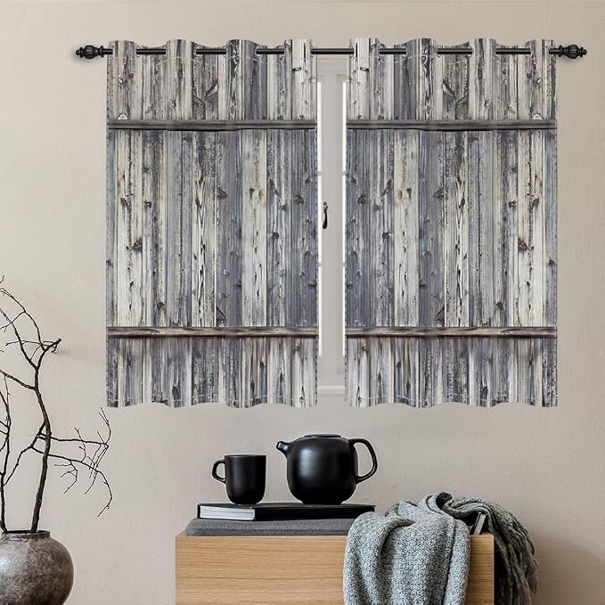 Wooden Barn Doors Kitchen Curtains,Wood Planks Rustic Farm Farmhouse Window Curtains Country Retro Western Vintage Grey Window Curtain Treatments Bedroom Living Room Decor,21x45 inch,2 Panels