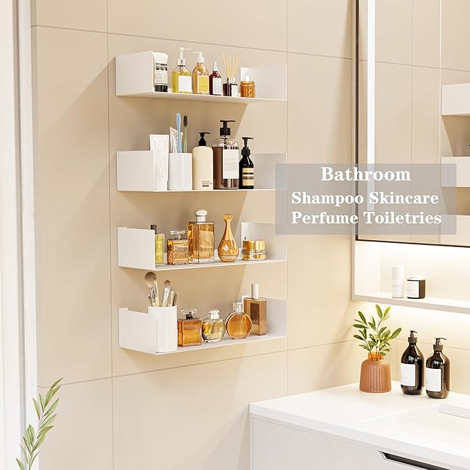 Metal Bali Floating Wall Shelves 15.5IN for Storage and Decor Wall Mounted CD DVD&Books Perfume, Make up Storage Shelves Living Room, Bedroom, Bathroom & Kitchen,2Pack (White, 15.5 INCH)