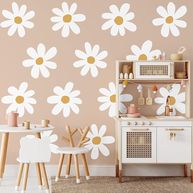 TaoBary 12 Sheet Daisy Wall Sticker Decal Removable Cute Daisy Bedroom Room Decor Flower Wall Sticker Pink White Flower Decal Wallpaper Peel and Stick for Nursery Home(White, Yellow,Vintage Style)