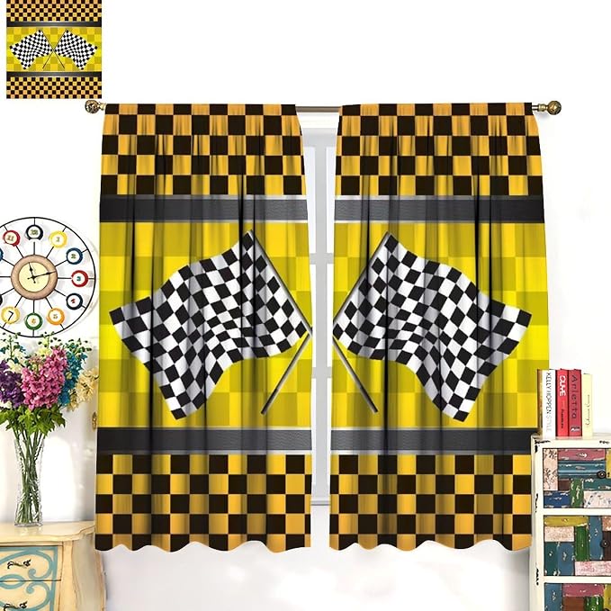 Race Car Blackout Curtain,Kid Boys Checkered Flag Motorsport Yellow Black Grid Print Window for Cafe Dining Room Office Living Room Kitchen Bedroom Drapes, 55x63 in