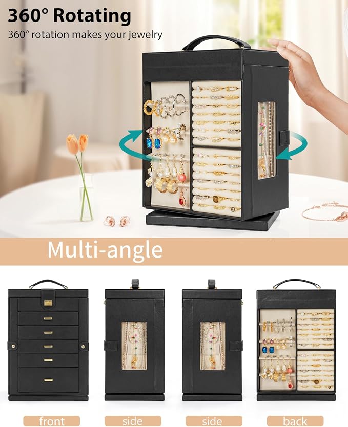 AKOZLIN 6-Tier Jewelry Box Organizer Functional 5 Drawers Leather Jewelry Storage Case for Women Girls Ring Necklace Earring Bracelet Holder Organizer with Mirror Black 360° Rotating