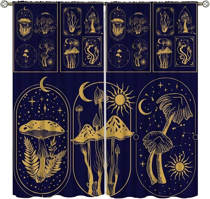 Mushroom Curtains,Boho Style Mystical Plant Sun Moon Print Window Treatments for Bedroom Living Room Kitchen Purple Herbs Window Drapes 2 Panels Set,Total Size 72 x 63 Inch