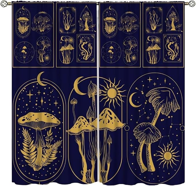 Mushroom Curtains,Boho Style Mystical Plant Sun Moon Print Window Treatments for Bedroom Living Room Kitchen Purple Herbs Window Drapes 2 Panels Set,Total Size 63 x 72 Inch