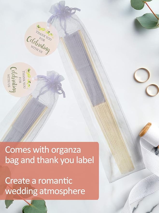 Cosweet 24 Set Wedding Hand Fans with Thank You Tags & Organza Bags, White Paper Fans Bulk Bamboo Decorative Folding Fans for Wedding Guests Party Favors Bridal Shower Church Decoration