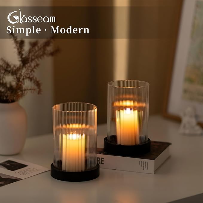 Glasseam Glass Hurricane Candle Holder: Black Pillar Candle Holders Set of 2 Ribbed Clear Glass Cover with Metal Candle Tray Modern Candle Holders for Table Centerpiece Living Room Fireplace Decor