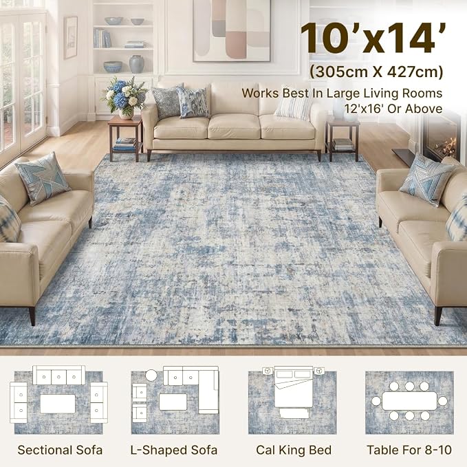 10x14 Area Rugs Washable Living Room Rug-No Slip Soft Carpets Modern Abstract Coastal Indoor Floor Stain Resistant Large Carpet for Bedroom Dining Room Farmhouse Nursery Home Office Blue