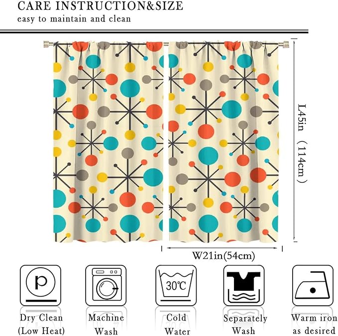 JESTRONRY Mid Century Curtains,Mid Century Fifties Modern Retro Colors Pattern Blackout Rod Pocket Window Drapes for Living Room Bedroom Kitchen Bathroom Home Decor 42x45in