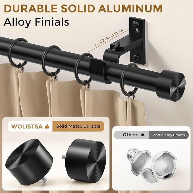 Heavy Duty Curtain Rod 34 to 186 Inch, Black 1 Inch Adjustable Extra Long Curtain Rods for Windows, Decorative Window Treatment Rods with Modern Solid Aluminum Finials, Easy Installation