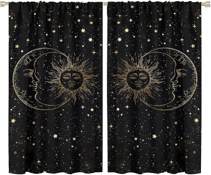 Sun Moon Blackout Windows Curtains, Golden Sun Moon and Stars Black Sky on Bohemian Style Curtains, for Living Room Bedroom 72x63in 2 Panels