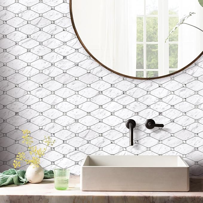 STICKGOO 10 Sheets Peel and Stick Backsplash, Carrara White Stick on Mosaic Tiles for Kitchen Wall Decor, PVC Mixed Glass Self Adhesive Peel and Stick Tile