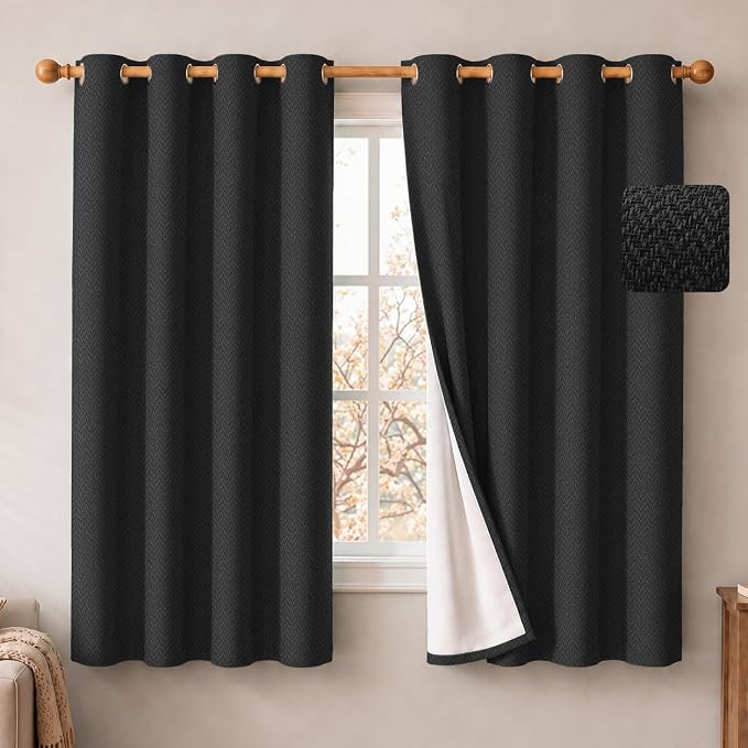 2 Panels 100% Blackout Linen-Textured Curtains, Thick Thermal Insulated Grommet Drapes with Subtle Herringbone Weave, Luxury Decor for Bedroom/Living Room, 54 x 54 Inches, Black