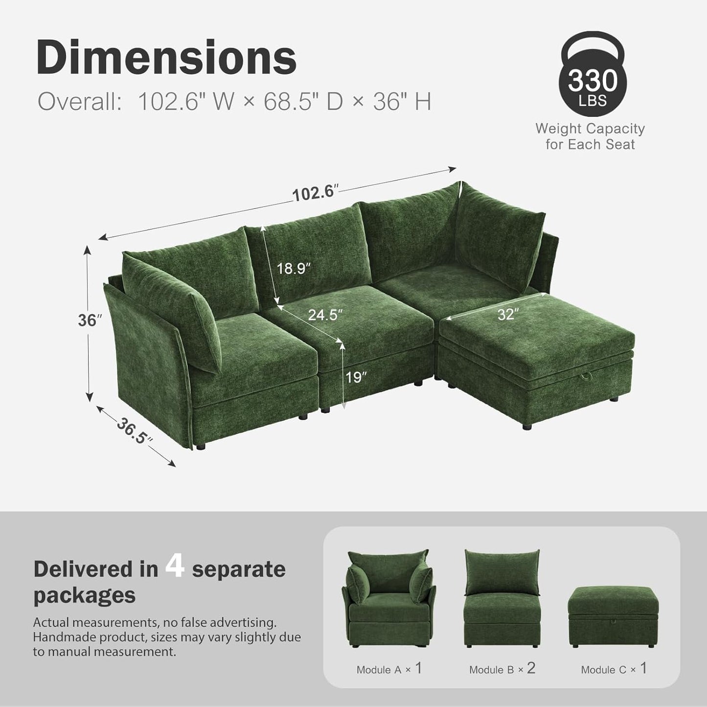 102.6" Modular Sectional Sofa, L Shaped Couch Set for Living Room, 3-Seater Comfy Cloud Couches with Movable Storage Ottoman,DIY Combination - Chenille Green