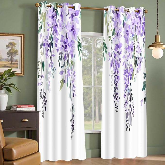 Purple Watercolor Floral Curtains, Botanical Leaves Vine Flowers Curtain, Rustic Farmhouse Flower Leaf Blackout Window Treatment Drapes for Bedroom Living Room 42x96 inch, 2 Panels