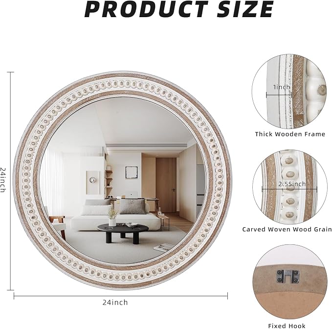 24 Inch Round Bathroom Mirror, Wooden Circular Mirrors for Wall Decor | Rustic Farmhouse Styling Adds Cozy Character Above Sinks, Vanities, Consoles, Dressers, Mantels, or Sofas
