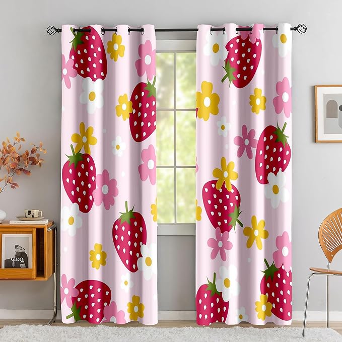 LUVIVIHOME Cute Strawberry Curtains, Yellow White Pink Floral Blackout Curtains, Girls Bedroom Decor, Girly Curtains, 2 Panel Sets, 52x63 Inch