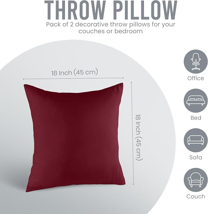 Utopia Bedding 18x18 Pillow Inserts, Set of 2, Wine Red – Indoor Decorative Throw Pillows for Bed, Sofa & Couch – Soft, Supportive & Fluffy Cushion Inserts