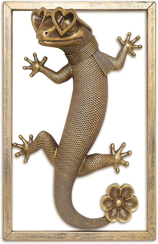 Newinhome Animal Heads Wall Decor (Includes Metal Frame) Resin Animals Sculptures Head Wall Hanging Decoration Gold vintage Wall Sculpture for Living Room Bedroom Office(Lizard)