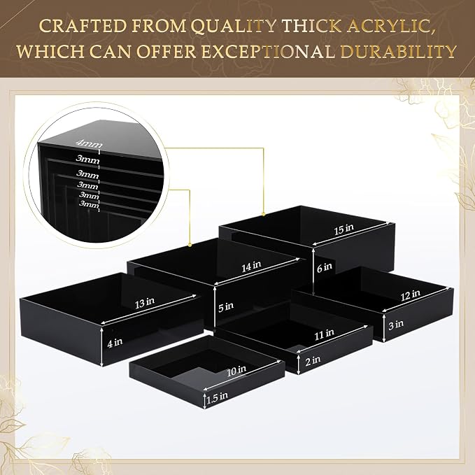 Geelin 6 Pack Acrylic Risers for Display Acrylic Cube Boxes Risers Display Stands with Hollow Bottoms Decorative Stand for Jewelry Candy Table Decor 6 Sizes(Black,10 to 15 Inch,Square)