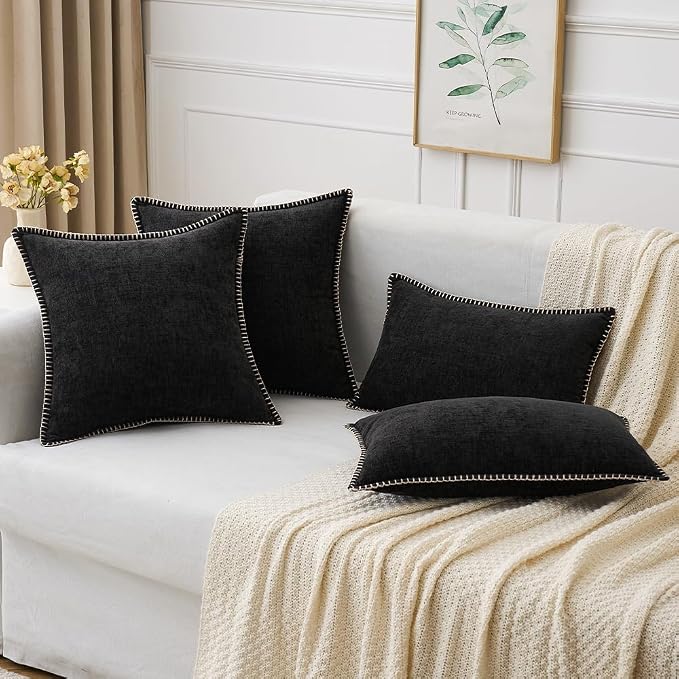 MIULEE Pack of 2 Lumbar Throw Pillow Covers 12x20 Inch Black Farmhouse Decorative Pillow Covers with Stitched Edge Soft Chenille Solid Dyed Pillow Covers for Couch Sofa Bed Living Room