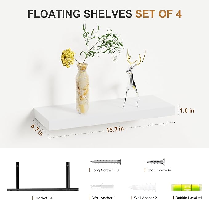 Bellsal Floating Shelves for Wall, White Engineered Wood Wall Shelf Set of 4, 16" Wall Mounted Floating Shelf for Kitchen, Living Room, Bedroom, Bathroom Storage, Book Shelf for Walls Home Decor