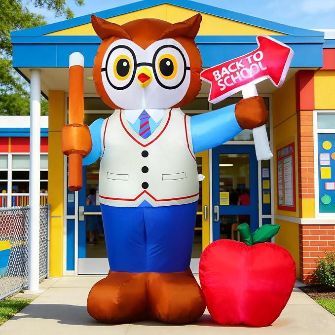 DomKom 5FT Back to School Inflatable Professor Owl with LED Lights, Blow Up Yard Decor with Apple & Pencil, Waterproof Lawn Ornament for First Day School, Classroom Welcome & Graduation Party