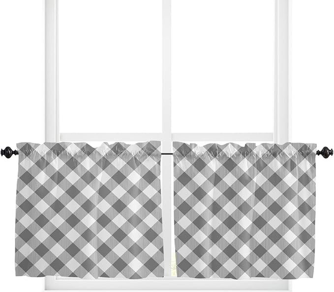 24 Inch Long Tier Curtains for Kitchen, Pastoral Style Grey Lattice Bathroom Window Curtains Rod Pocket Short Curtains Window Treatment Tiers for Living Room Farmhouse 2 Panels