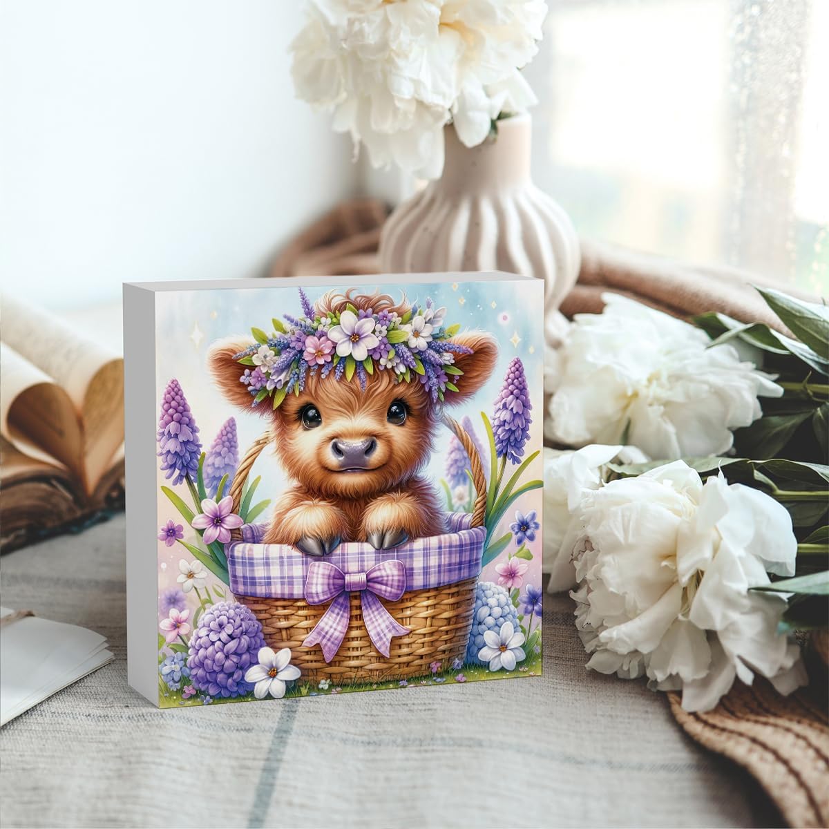 Highland Cow Hyacinth Flowers Decor, Highland Cow Bathroom Decor, Highland Cow Baby Decor, Highland Cow Nursery Decor, Wooden Box Decor Sign for Home Farmhouse Office Living Room Table Shelf Tiered