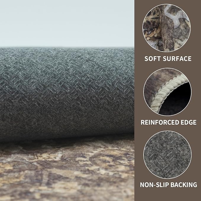 8x10 Vintage Washable Area Rug for Living Room,Low Pile Non Slip Carpet Non-Shedding Large Area Rug Soft Indoor Stain Resistant Rug Floral Print Mat for Dining Room Brown Floral