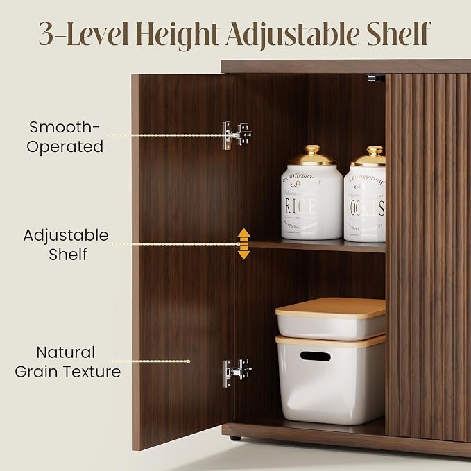 Fluted Buffet Cabinet Sideboard with Storage, Wooden Credenza with 2 Doors & Adjustable Shelf, Modern Fluted Accent Cabinet Coffee Bar for Living Room, Kitchen, Dining Room, Entryway, 15″ Deep, Brown