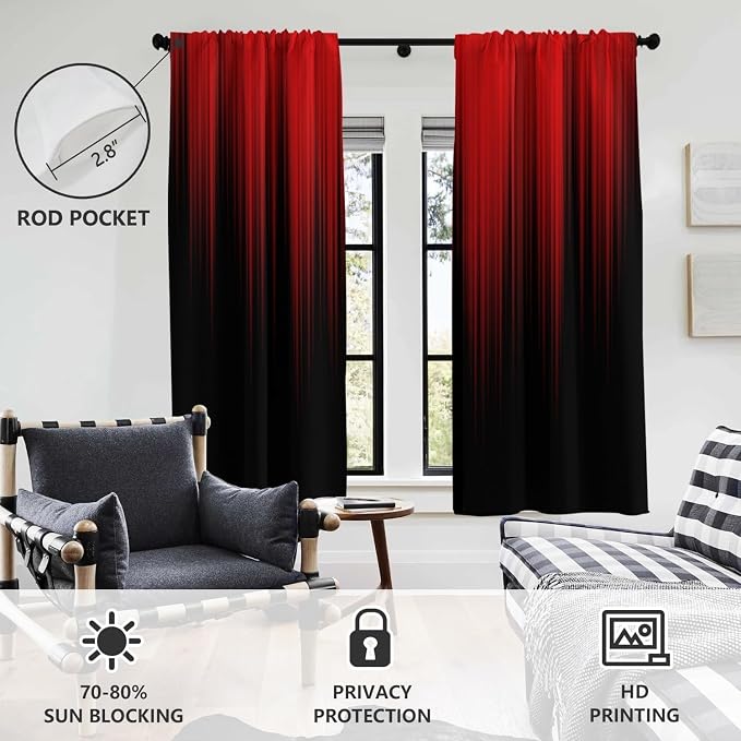 AAtter Red and Black Window Curtain Ombre Mens Gothic Goth Gradient Rod Pocket Thermal Insulated Blackout Living Room Bedroom Drapes Treatment 1 Pair Home Decor, 42" W x 84" L, Modern