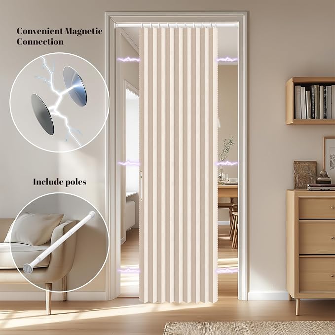 AJAZZ Blackout Door Curtain Pleated Magnetic Doorway Curtain Accordion Door Interior Room Divider Invisible Applicable Bedroom Room Living Room (1 Pack, 43W x 78 L,Biscotti Beige)