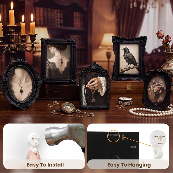Lineshading 8 Pcs Gothic Picture Vintage Gallery Wall Frame Set, 8x10, 5x7 & 4x6 Antique Black Ornate Resin Picture Frame Collage Gothic Home Decor for Wall Tabletop Display for Bedroom