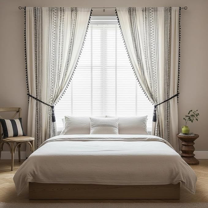 ColorBird Boho Curtains 84 Inches Length Modern Farmhouse Decor Black and White Striped Geometric Aztec Western Window Treatment Cream Curtain & Drapes 2 Panels for Living Bedroom Dining Room