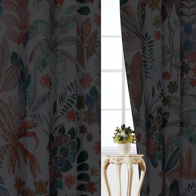 Estelar Textiler Maple Leaves Room Darkening Boho Curtains 84 inch Length 2 Panels Set for Living Room, Watercolor Leaf Pattern Design Grommet Window Floral Drapes for Bedroom, 52Wx84L