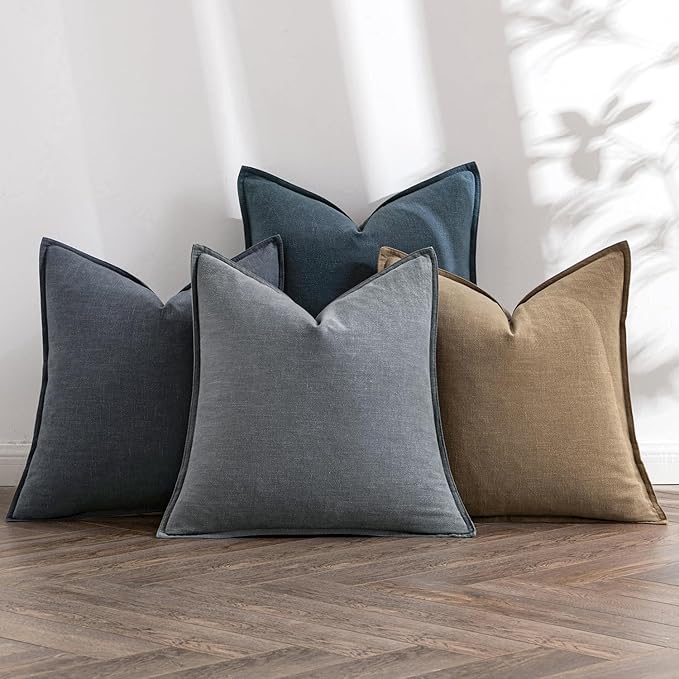 MIULEE Neutral Navy Boho Linen Pillow Covers 24x24 Inch Pack of 4 | Natural Decorative Throw Pillow Covers Soft Farmhouse Couch Pillowcases Coastal Home Decor for Living Room Bed Sofa