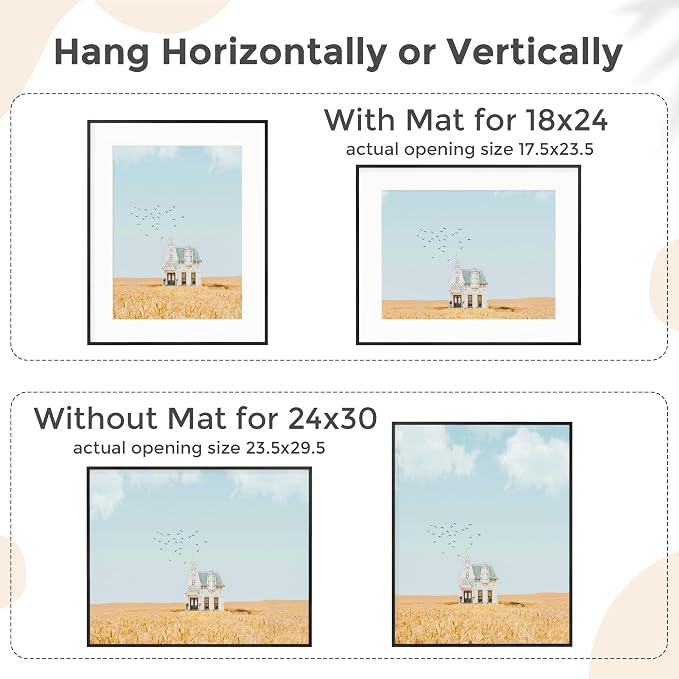 24x30 Metal Picture Frame for Wall With Mat for 18x24, 24''x30'' Aluminum Photo Frames With Tempered Glass for Home Decor, Minimalist Modern Poster Frame Horizontal And Vertical Formats, Black