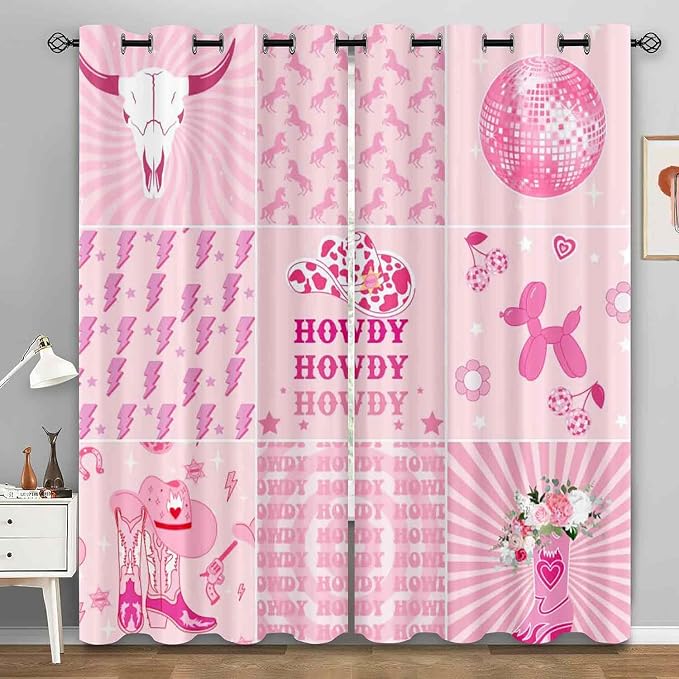 LUVIVIHOME Cowgirl Blackout Curtains, Cute Preppy Coquette Curtains for Girls Bedroom Living Room, Floral Howdy Girly Pink Western Cowgirl Room Decor, Grommet Window Drapes 2 Panel Sets, 42x63 Inch
