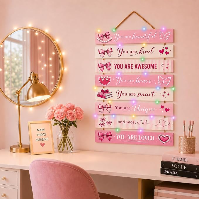 Cute Pink Bow Room Decor Set of 8 with Led Light for Teen Girls Kids Toddler, Preppy Inspirational Bow Wood Nursery Wall Decor for Dorm Bedroom, Dreamy Cozy Chic Motivational Princess Room Decor