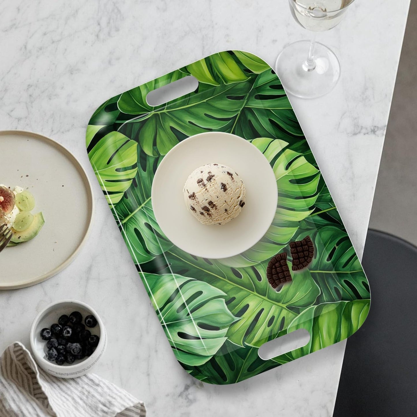 Serving Trays with Handles, 14.5 x 9.8 inch Rectangular Plastic Tray for Restaurant, Kitchen, Tropical Leaf Pattern Monstera in The Style
