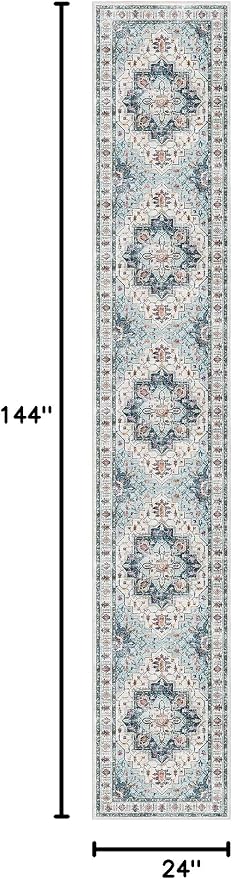 Madane Washable Runner Rugs 2x12 Long for Hallway Kitchen Soft, Blue | Non-Slip Vintage Printed 12ft Rug Runners with Rubber Backing, Thin Low-Pile Floor Carpet Laundry Room Entryway, Corridor