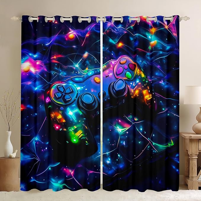 Feelyou Kids Gamer Blackout Curtains Galaxy Gaming Window Curtains Glitter Game Darkening Drapes Boys Girls Gamepad Teens Window Treatments Bedroom Decor (2 Panels, 42 x 90 Inch)