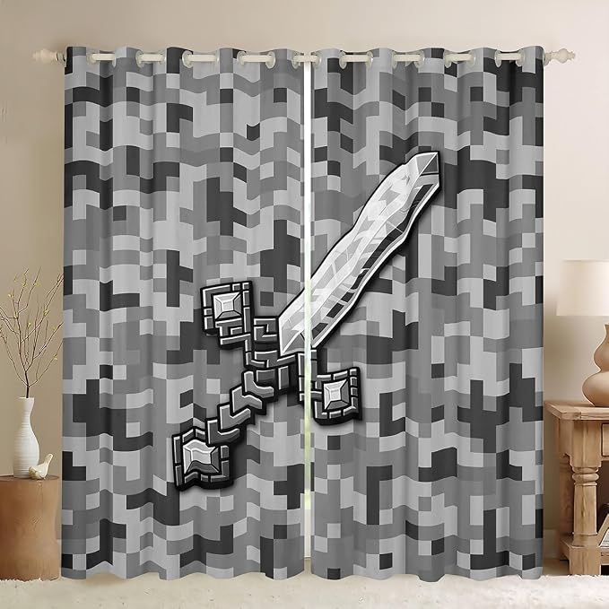 Castle Fairy Grey Pixel Style Window Curtain,Geometric Miner Grid Privacy Blackout Curtain for Window Cool Sword Shade Windows Covering for Bedroom Video Games Drapes 2 Panels,42Wx84L