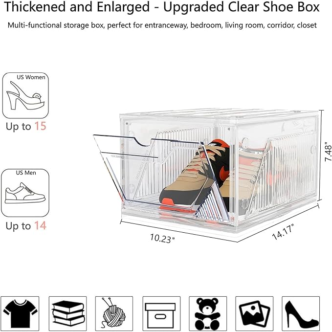 AWTATOS Shoe Storage Boxes, Thickened Shoe Storage Organizer with Clear Magnetic Door, Stackable Shoe Container with Lids, Collapsible Large Shoe Rack, Fit up to US Size 15, 6 Pack